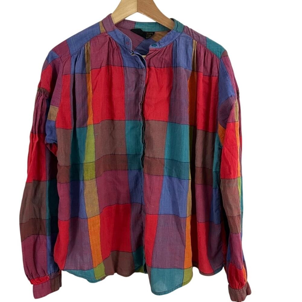 Liz Claiborne Patchwork Button Front Shirt Blouse Vintage Artsy Women Size Large